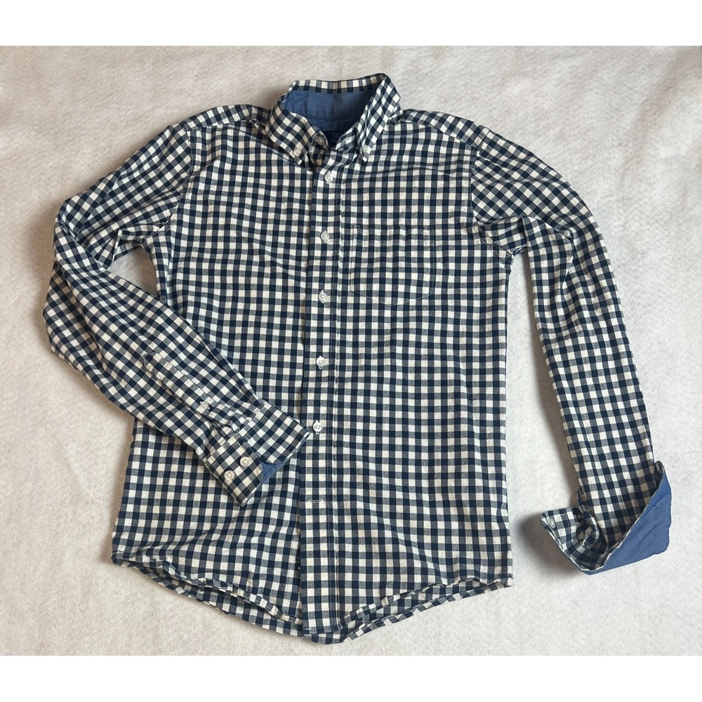 George Blue White Gingham Button Down Shirt Roll Tab Sleeve Women's XS